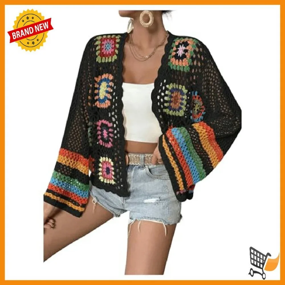 Floral Crochet Cardigan Long Sleeve Open Front Lightweight Sweater - Picture 6 of 7